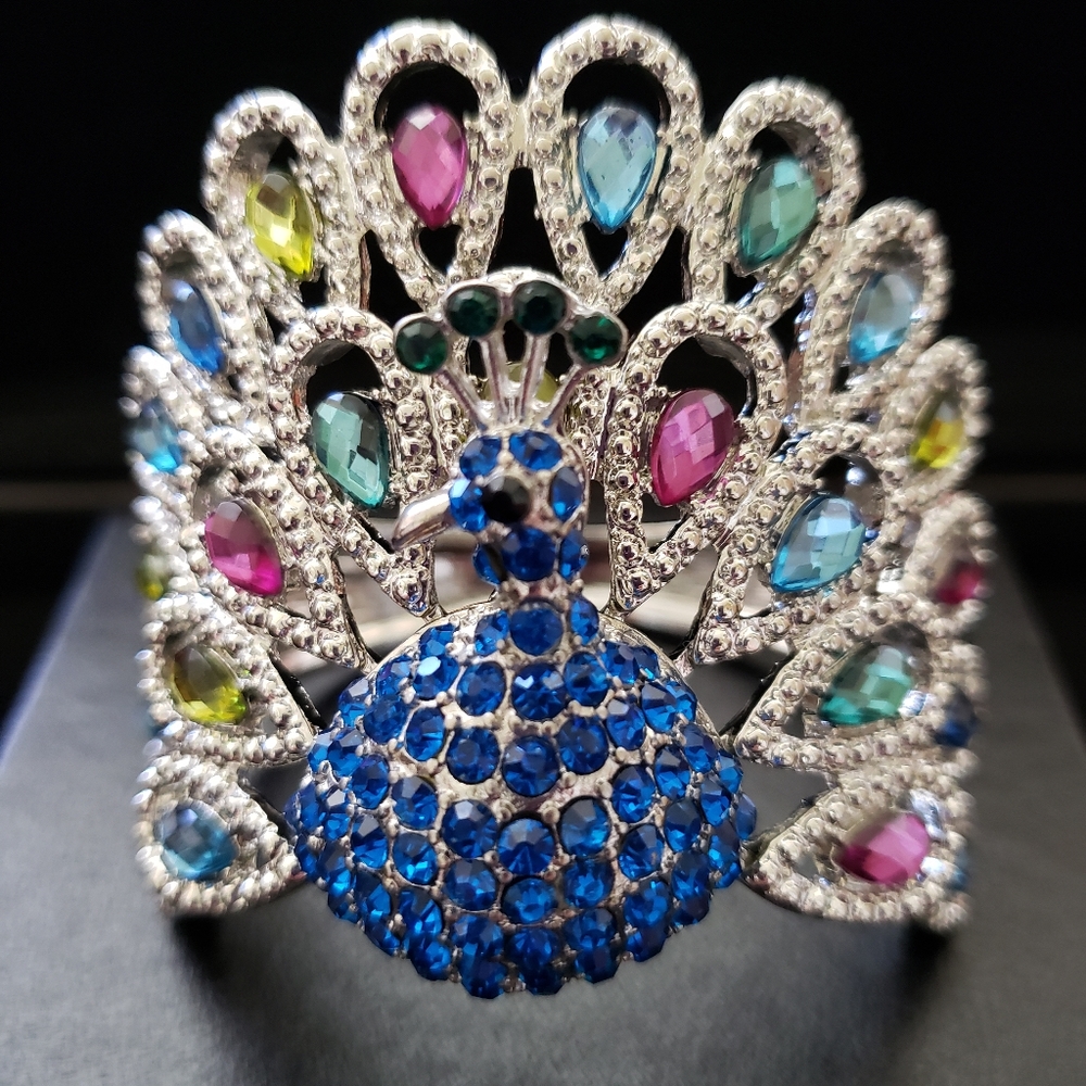 Peacock Bracelet Statement Piece Rhinestone Crystals Spring Tension Clasp NWT